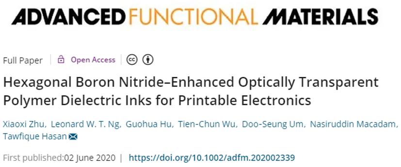 《AFM》六方氮化硼增強(qiáng)的光學(xué)透明聚合物電介質(zhì)油墨，可用于印刷電子