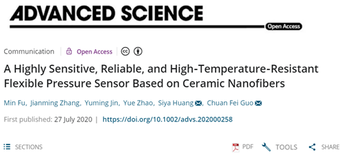 南方科技大學(xué)郭傳飛/趙悅《Adv.Sci.》：基于納米陶瓷纖維的耐高溫柔性壓力傳感器